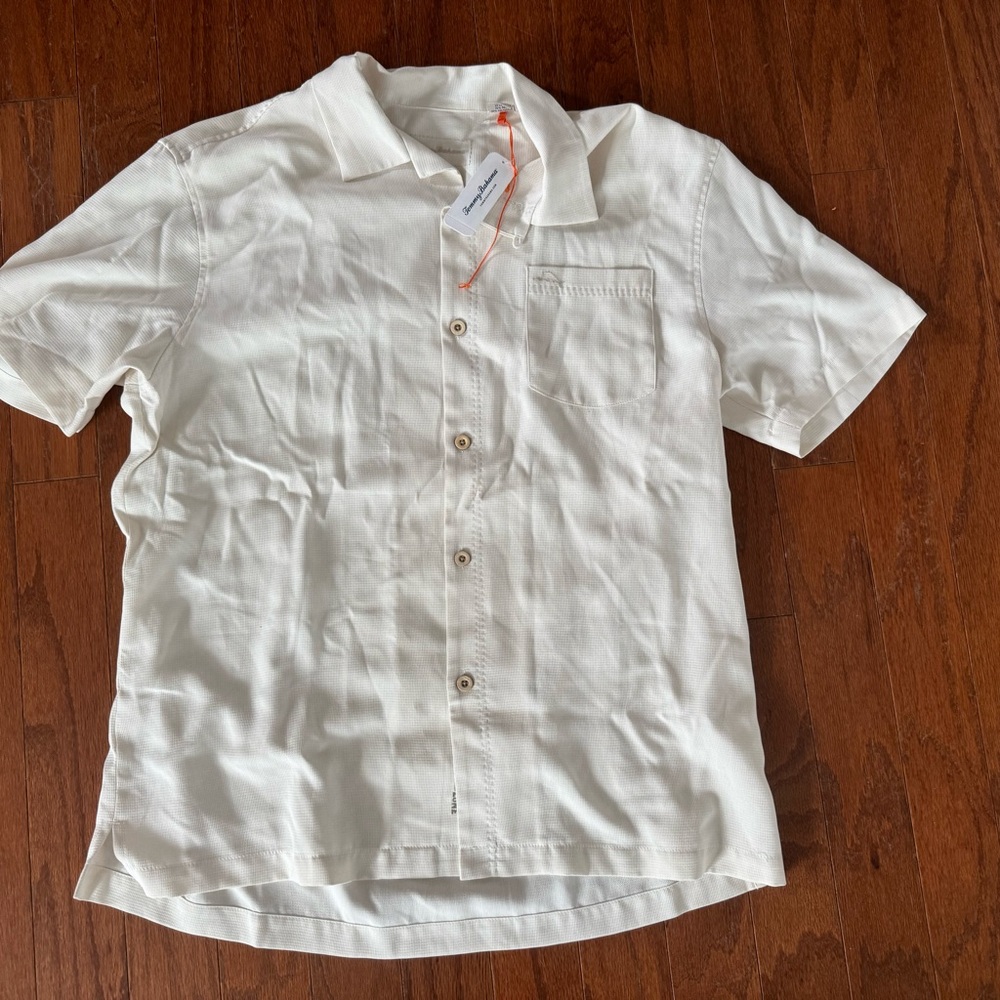 New men’s Tommy Bahama Hawaiian Herringbone Silk Camp Shirt off white large